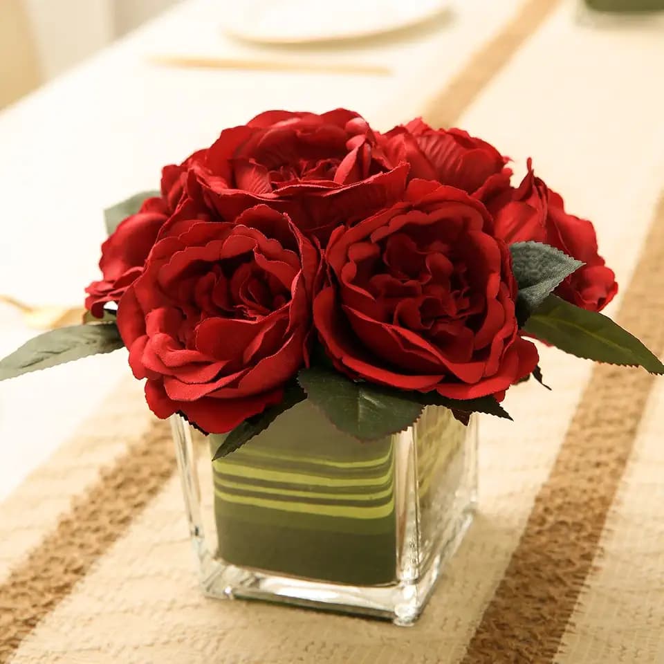 Artificial Peony Silk Flower Centerpieces Faux Floral Arrangement in Glass Vase for Home Wedding Table Decoration (Red)