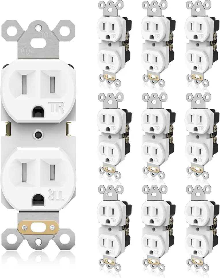 TOPELER Standard Electrical Wall Outlet, 15A 125V, 2 Pole 3 Prong, Tamper Resistant Wall Socket, Self-Grounding, Residential Grade Wall Receptacle, UL Listed, White, 10 Pack