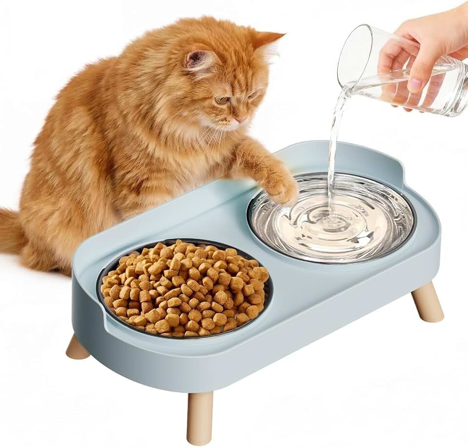 fanado Erhobene Katzenschale, 2PCS Edelstahl Katzenschalen, Katzennahrungsstation für Nahrung und Wasser, Erhobene Katzenfütterschalen (Blau)