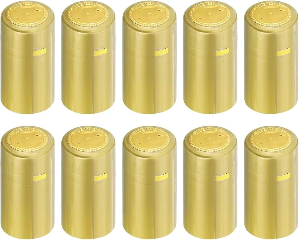uxcell 100Pcs PVC Heat Shrink Capsules Wine Bottle Capsules Shrink Cap Wrap with Tear Tab Shrink Top Cover for Wine Cellars and Home Kitchen, Gold/Gold 30x60mm