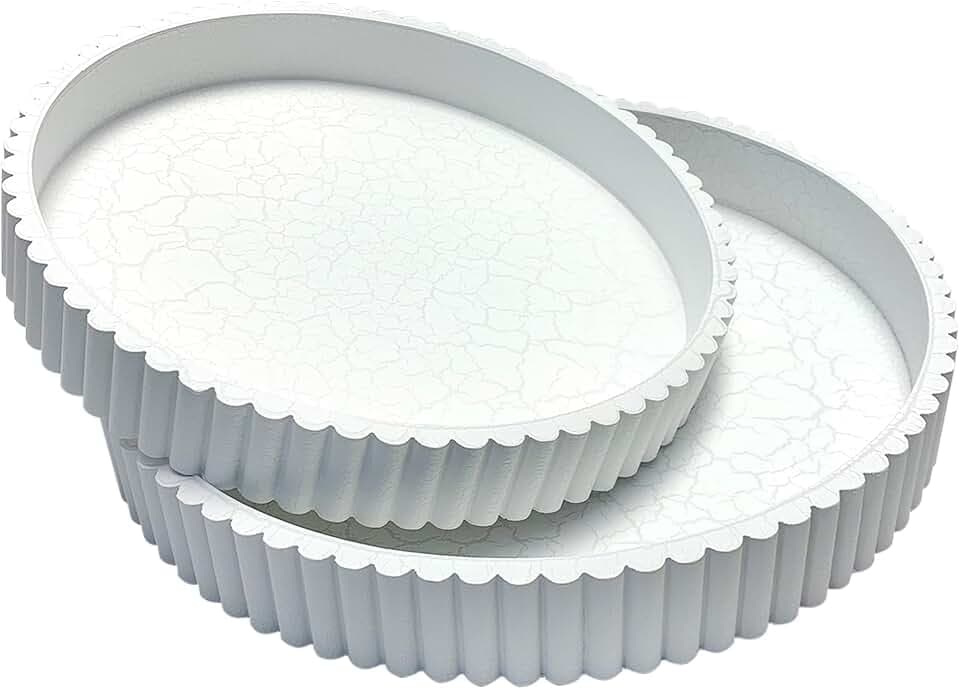 Wooden Matte White Crackle Finish Round Trays with Fluted Edge 2pcs 12"/10"