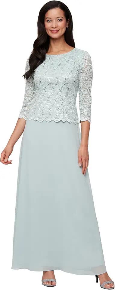 Alex Evenings Women's 3/4 Sleeve Stretch Lace Bodice Mock One Piece Gown