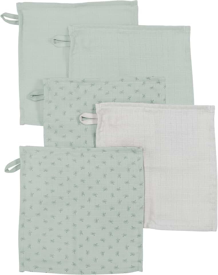 roba organic 5er Set Waschlappen 'Lil Planet‘ frosty green, Musselin, Bio-Baumwolle, GOTS, 25 x 25 cm