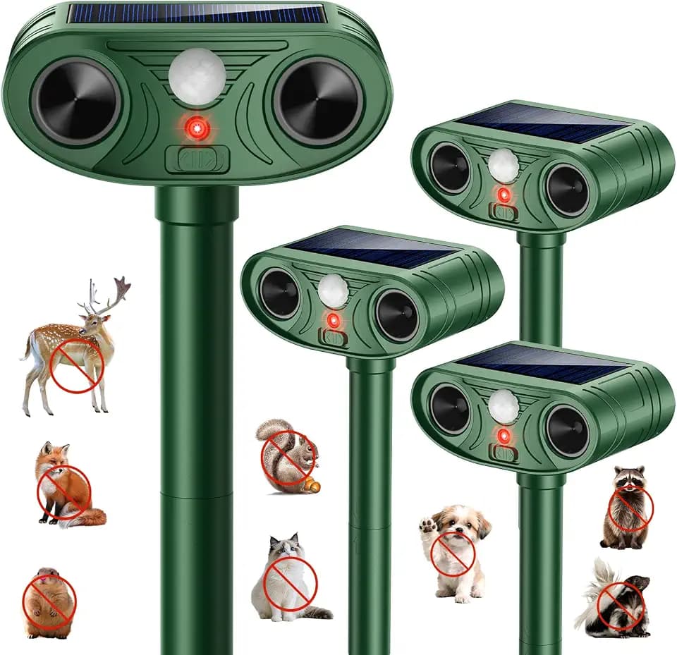 2026 New Upgrade Solar Powered Ultrasonic Animal Repellent Outdoor | Motion Activated Flash Light IP65 Waterproof Repeller Drives Away Deer Opossums for Yard Farm (4-Pack)