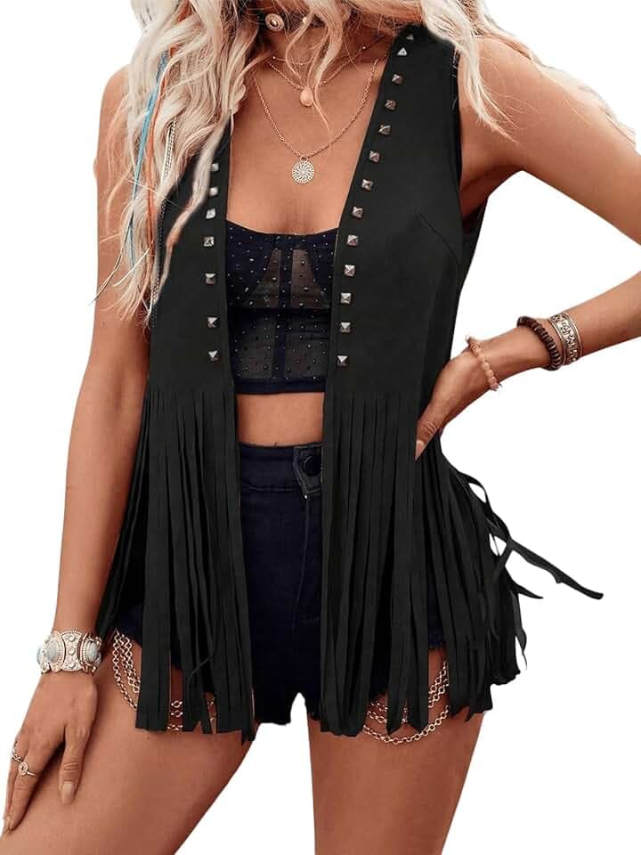 Damen-Weste, 70er-Jahre, Hippie-Stil, ärmellos, Nieten, Wildlederimitat, Weste, Fransenweste, offene Vorderseite, Jacke, Cardigan
