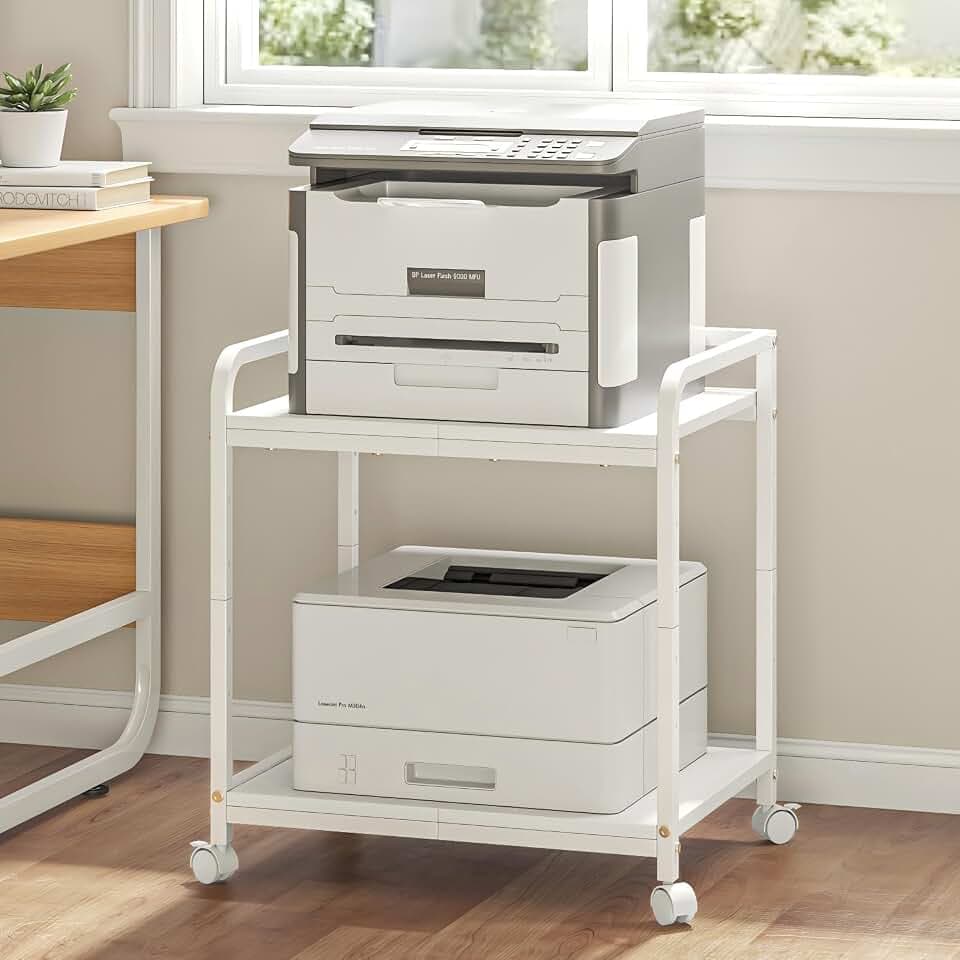 Under Desk Printer Stand with Wheels - 21"x15.8" Large Stand with Storage, 2-Tier Height Adjustable Printer Desk Cart, Heavy Duty Printers Riser for Home Office (White)