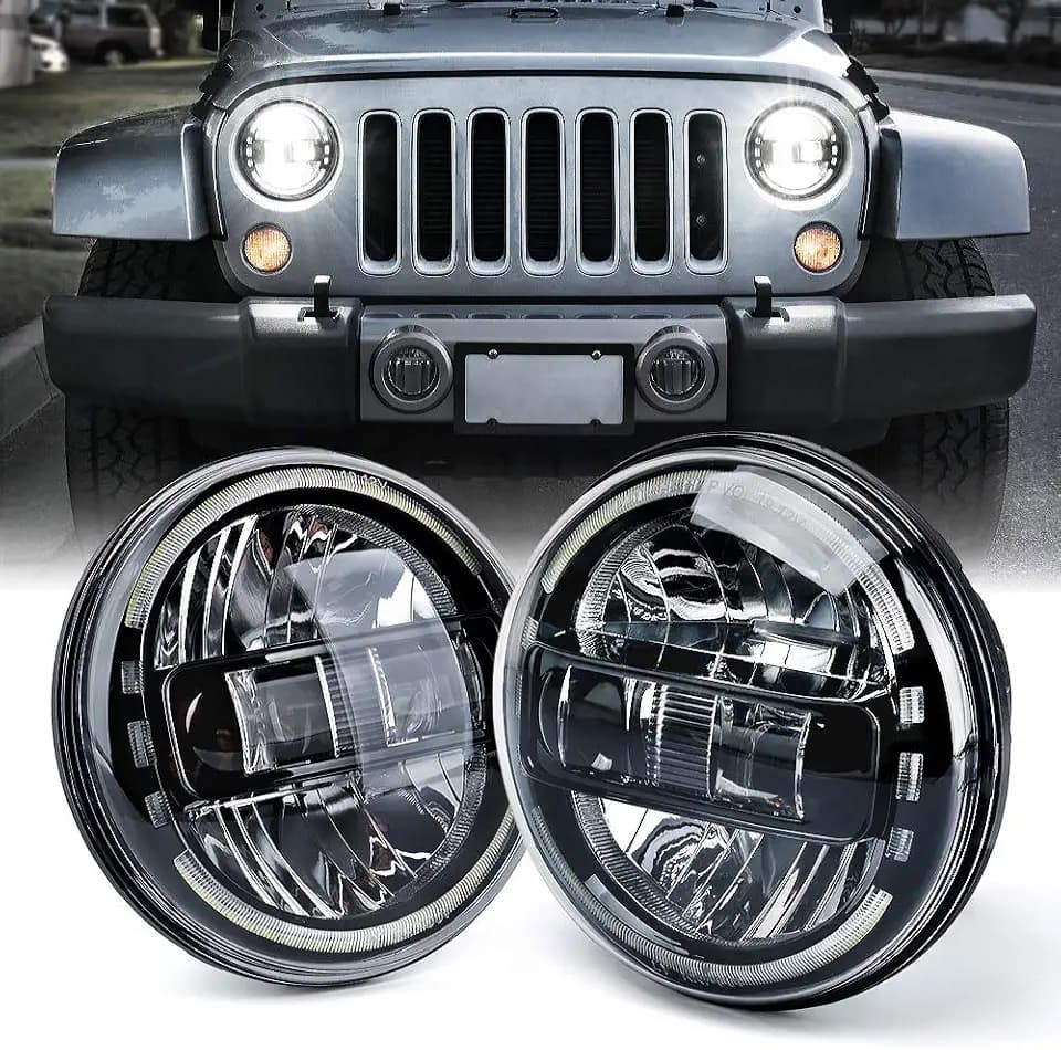 Xprite 7" LED Halo Headlights Compatible with 97-18 Jeep Wrangler JK, Black
