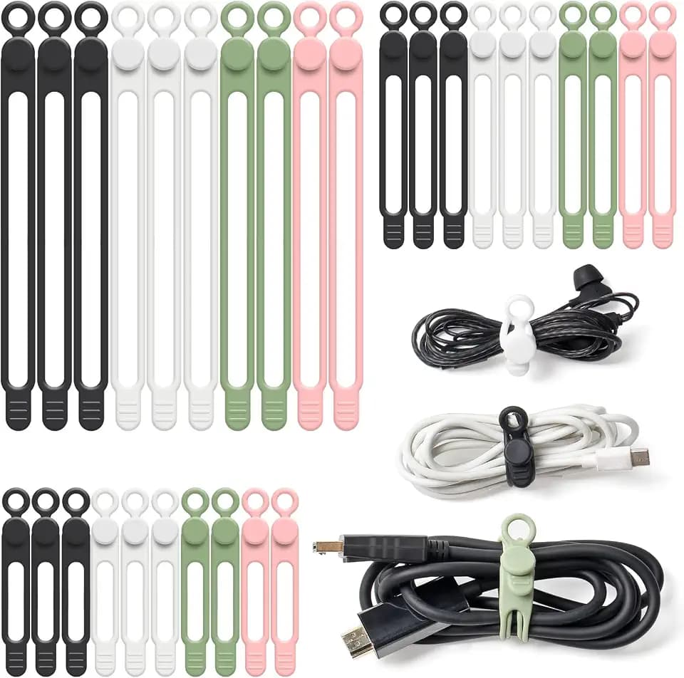 Silicone Cable Ties, 30Pcs Reusable Cord Ties in 3 Sizes for Various Cables