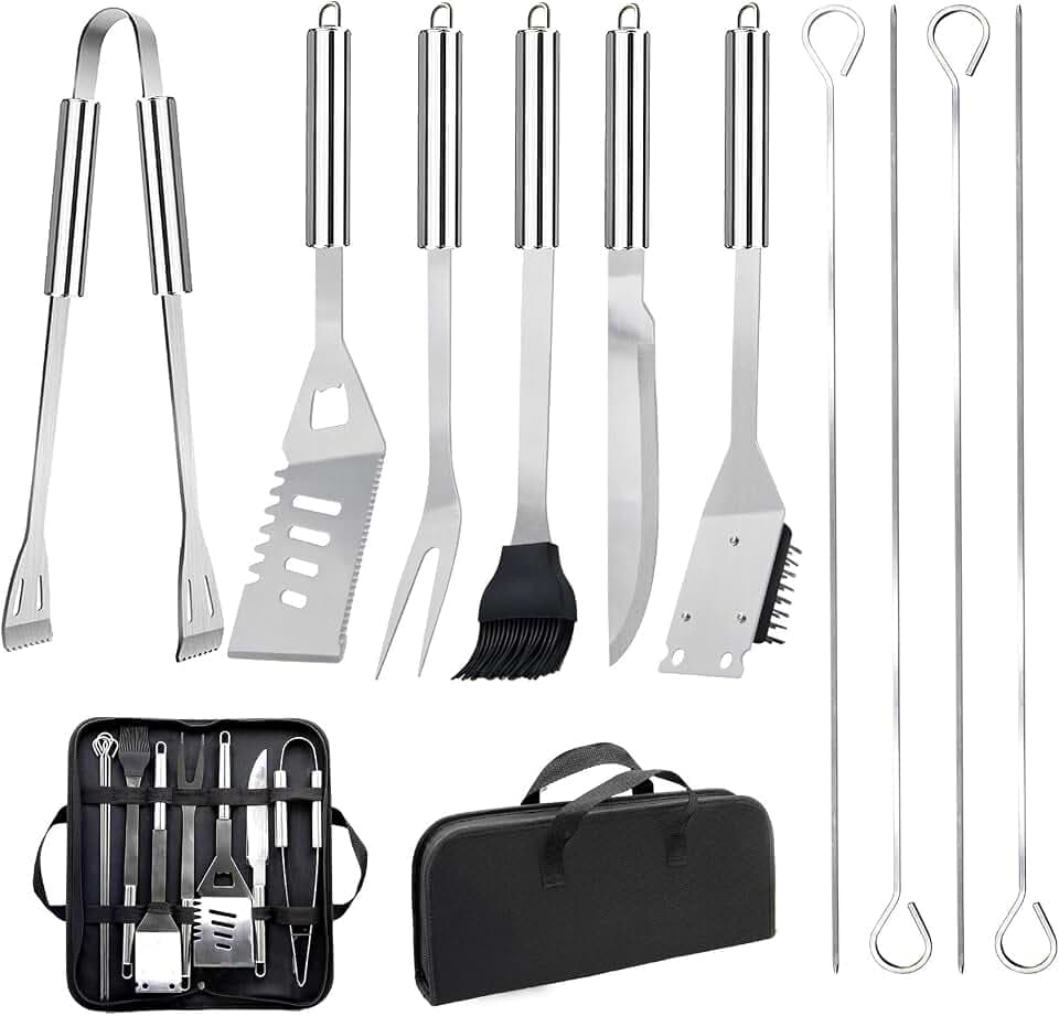 Grillbesteck-Set 11-TLG. 34 cm, Edelstahl, Grillzubehör mit Grillzange, Grillgabel, Tragbare Grillkoffer, Praktisch Multifunktional BBQ Grillset, Geburtstagsgeschenk für Männer