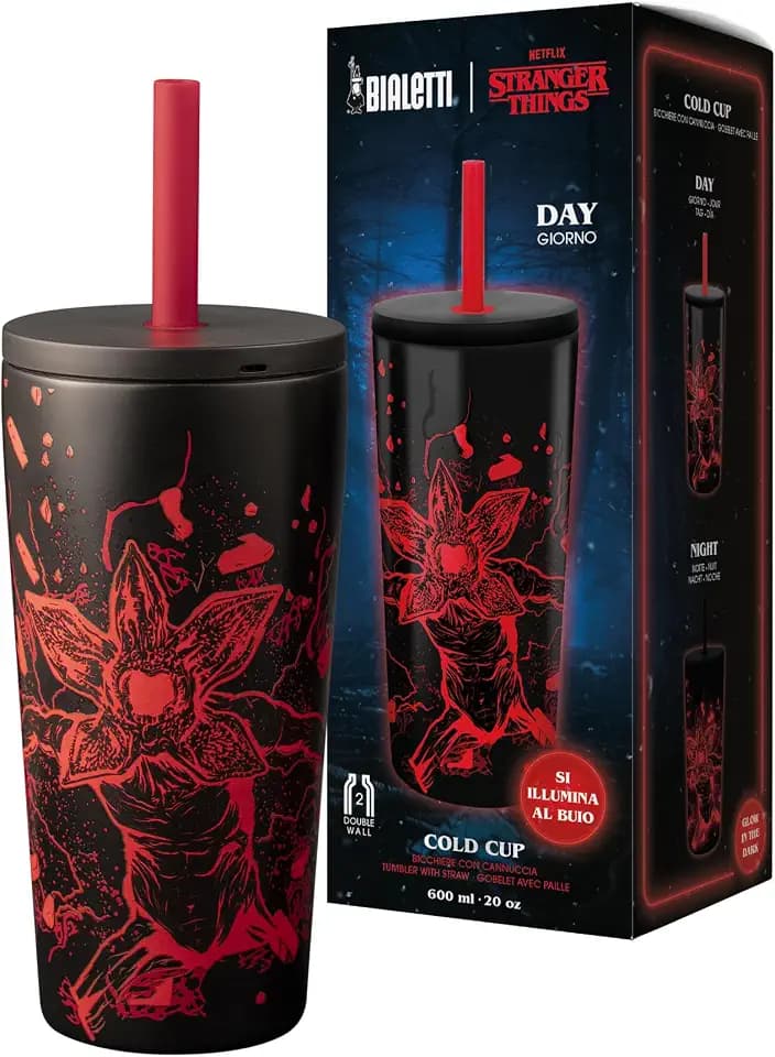 Bialetti Thermobecher Stranger Things, 900 ml – mit Strohhalmdeckel, leuchtet im Dunkeln, hält die Temperatur, nicht spülmaschinengeeignet, Silber
