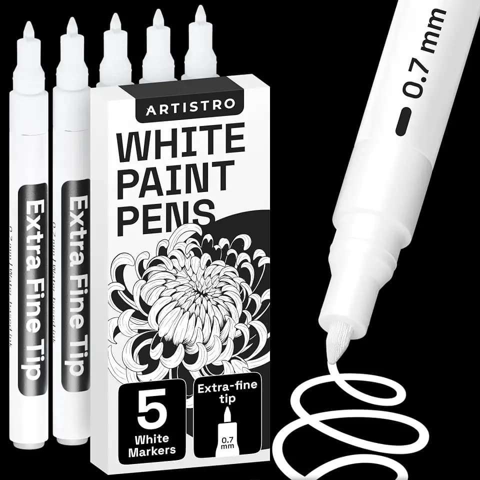 Artistro 5 Weiße Acrylstifte für Steinbemalung, Stein, Keramik, Glas, Holz, Reifen, Stoff, Metall, Leinwand – 5er Set Acrylmarker auf Wasserbasis – Extra-Feine Spitze