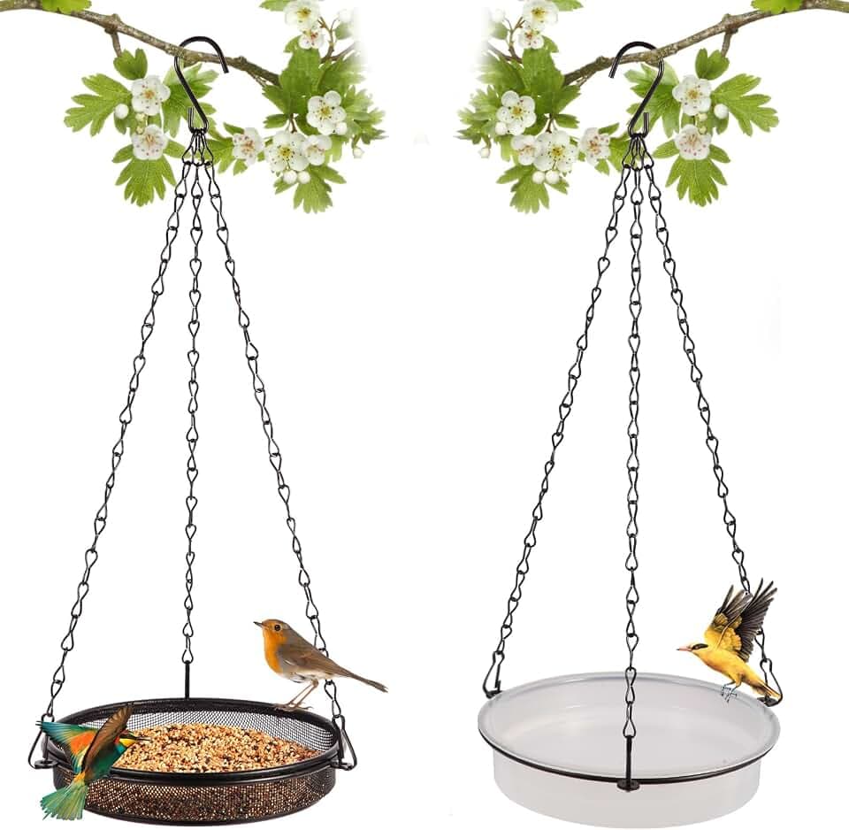 HRAYLTOP 2er Set Vogelfutterspender zum Aufhängen (18x18x3cm,∅18cm)-Metall Vogelfutterhaus für Vögel-Vögel futterstelle zur ganzjährigen-Vogeltränke hängend für Wildvögel im Garten