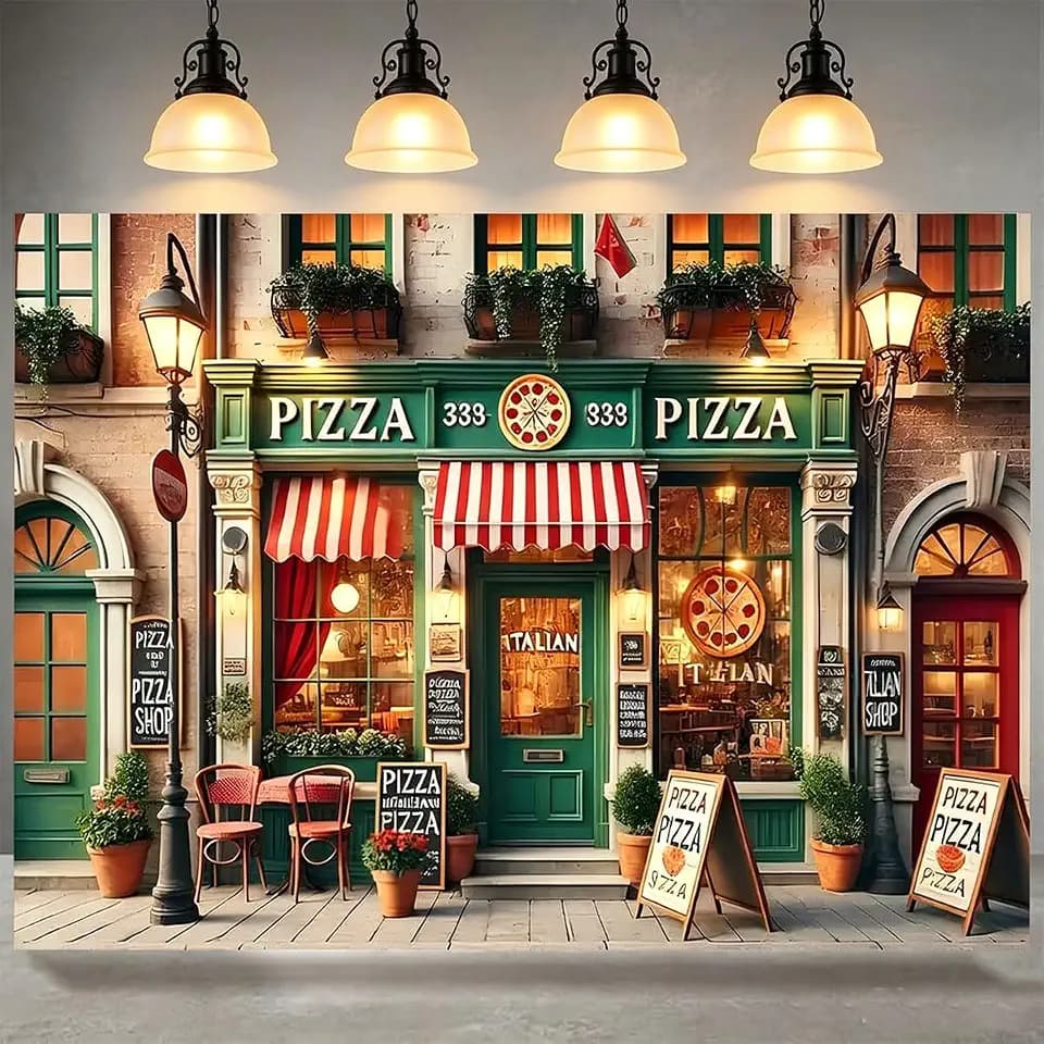 Vintage Pizza Shop Photography Backdrop Pizzeria Boys Girls Cooking Theme Italian-Themed Party Decorations Birthday Baby Shower Family Party Portrait Photo Background (7X5FT)