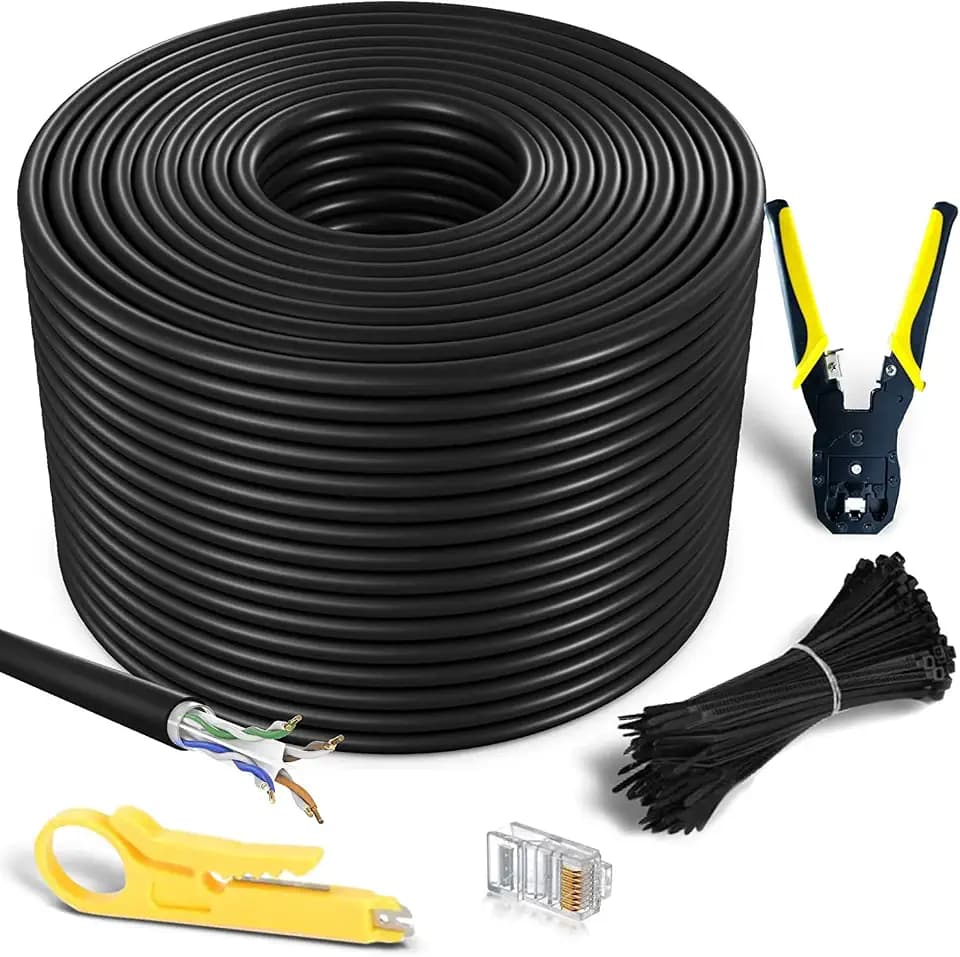MutecPower CAT6 200m Außen Verwendung wasserdicht - CCA - Direct Burial Ethernet Netzwerkkabel - 250 MHz - Mit Crimpzange, 50 RJ45 PCS und kabelbinder - Schwarz 200 Meter