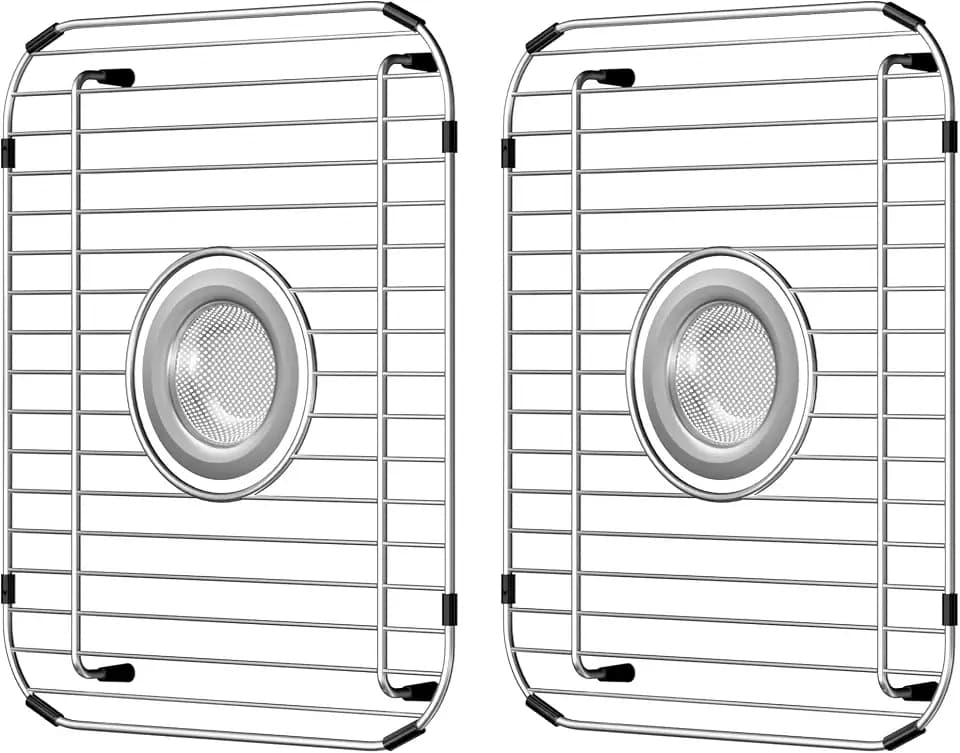 Sink Racks,Sink Protectors for Kitchen Sink,Stainless Steel Sink Grid for Bottom of Sink 11.5"W x 13.8"L,Metal Sink Grate with Strainer,Centered Drain for Double Bowl with Corner Radius,2 pack