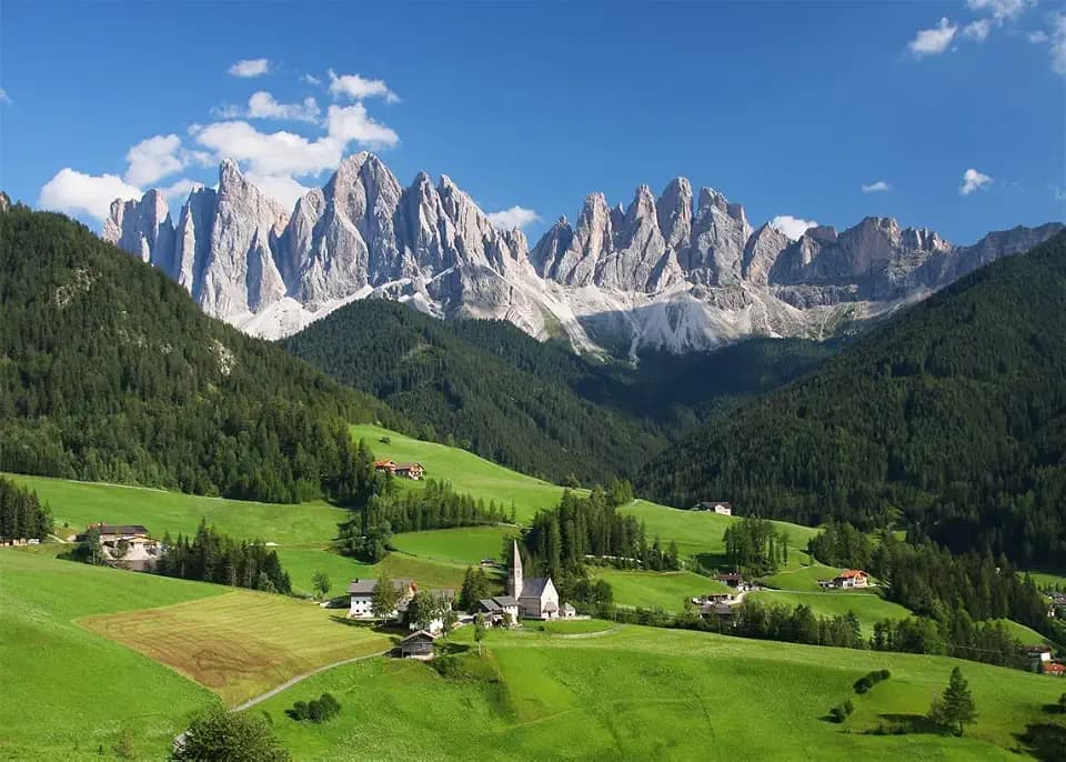 BELECO 10x8ft Fabric European Alps Backdrop Dolomites Swiss Mountains Photography Background Outdoor Nature Mountain Forest Scenic Green Hills Village Photo Backdrop Video Studio Photo Booth Props