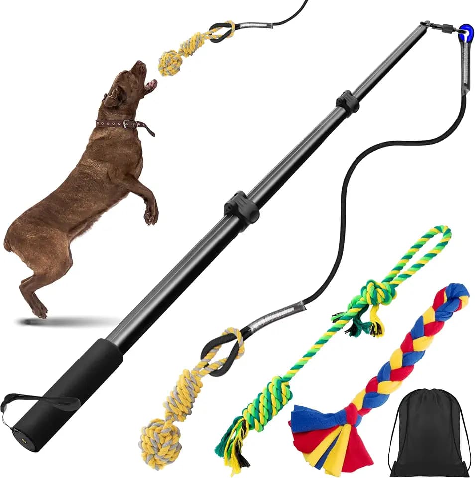 Ycozy Reizangel für Hunde 103cm längenverstellbare Profi Hundeangel mit 3 Abnehmbaren Spielzeug zum Jagen & Tauziehen für Kleine, Mittelgroße und Große Hunde für Auslastung & Zerrspielzeug
