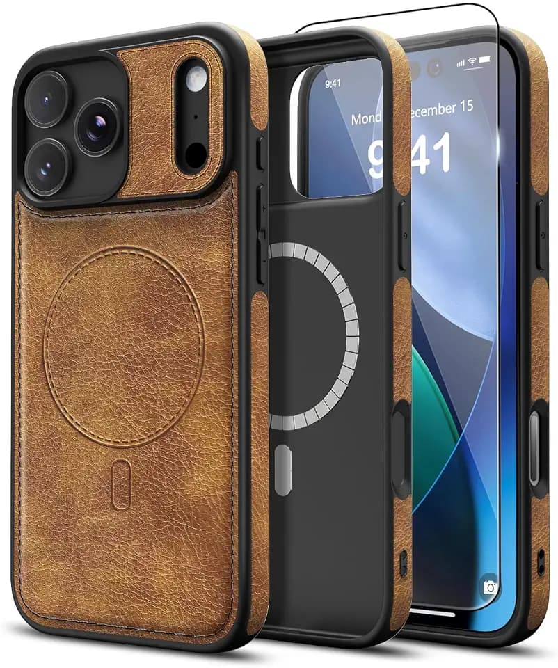 Magnetic for iPhone 17 Pro Max Leather Case, [Compatible with Magsafe] Business Classic Style Shockproof Men Women，Protective Slim fit Phone Cover for iPhone 17 Pro Max, Brown