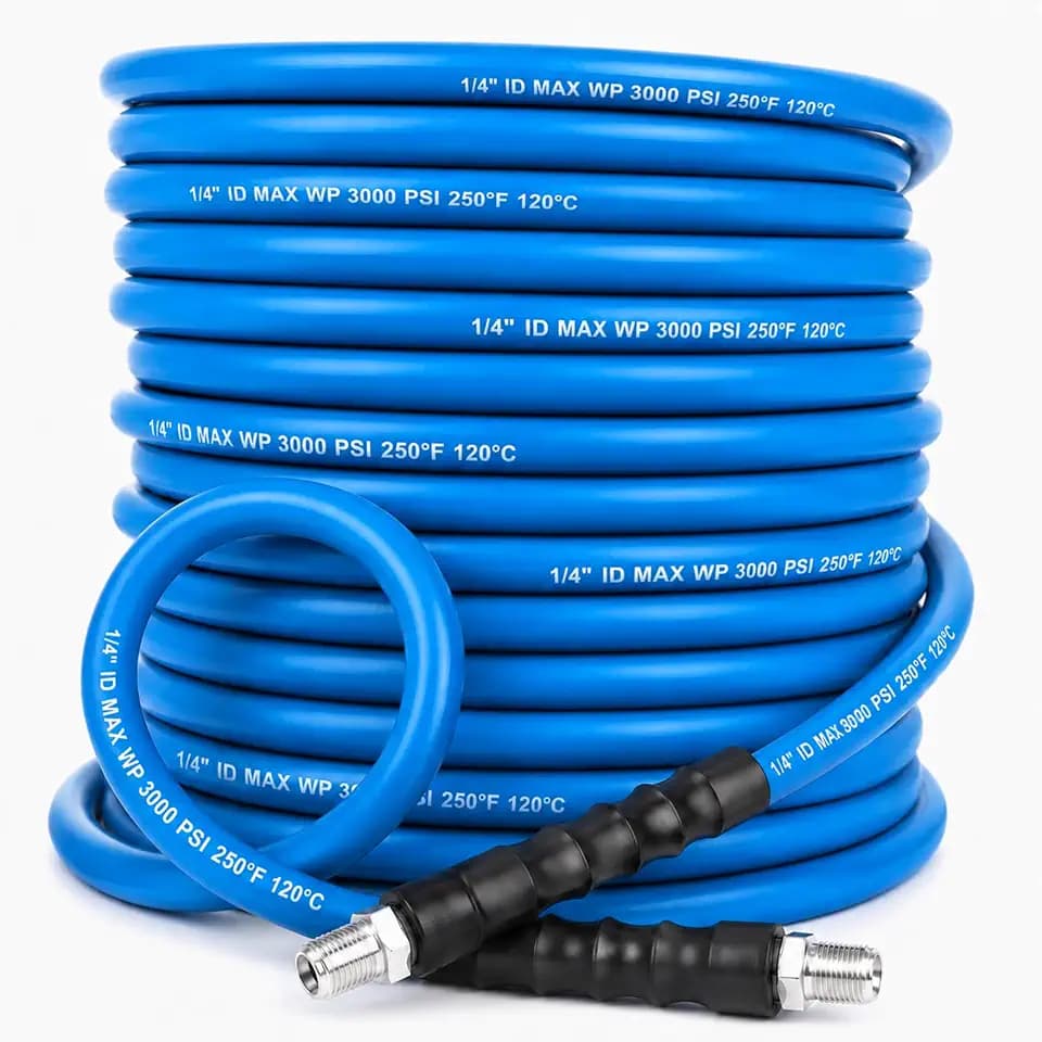 1/4" x 100' Blue Carpet Cleaning Solution Hose, 3000 PSI 250°F Rated Steel Braided High Pressure Line for Commercial Extractors, Non-Marking Hose with 1/4" MPT & PVC Bend Restrictors