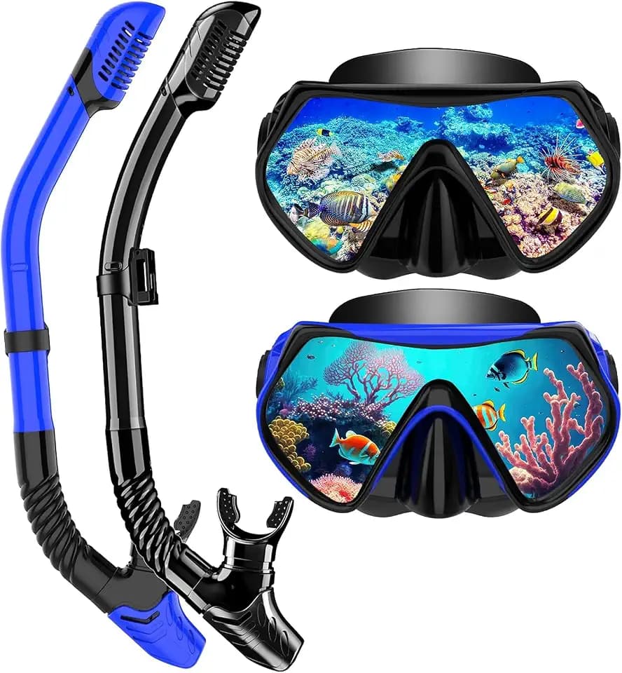 Schnorchelset Erwachsene, Schnorcheln Set mit Anti-Fog Taucherbrille und Dry Schnorchel, Professionelle Schnorchelmaske Tauchmaske aus Gehärtetem Glas für Schnorcheln
