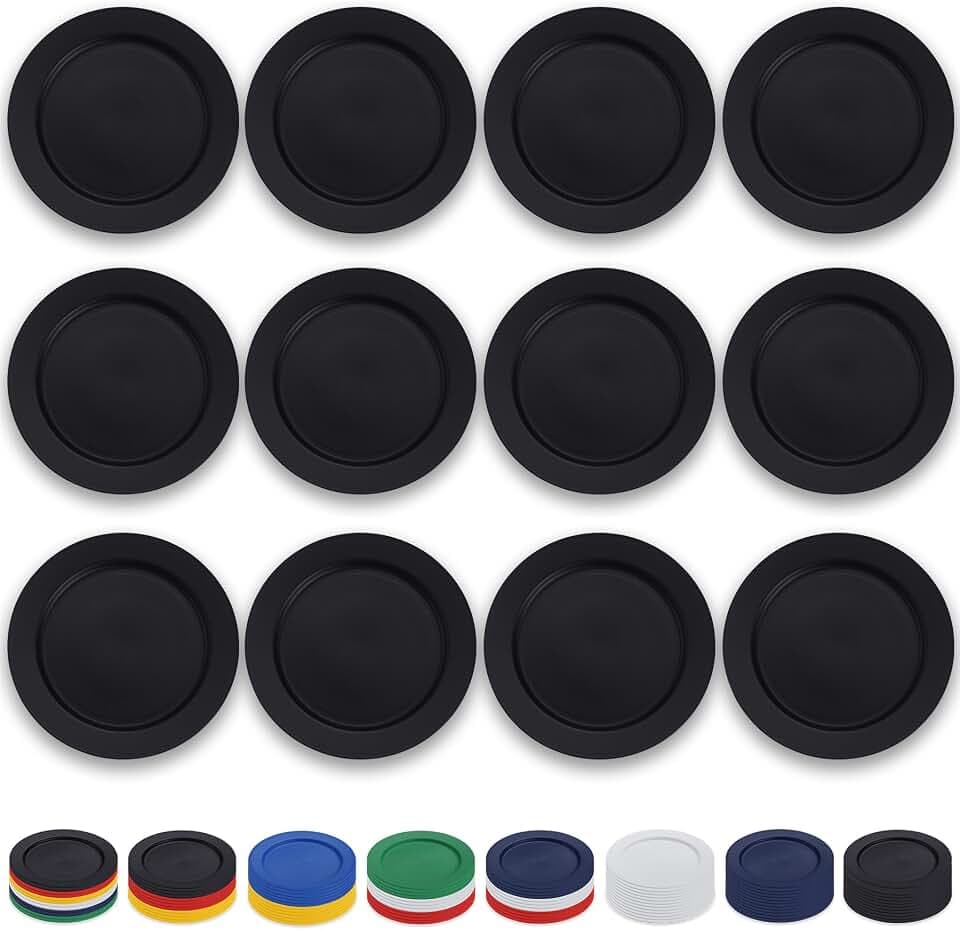 Berglander Schwarze Kunststoff teller Set 12 Stück 25cm, mehrweg flache Speiseteller, Salatteller, Nudelschalen, Geschirrset leicht zu transportieren für Zuhause, Garten, Picknick, Camping
