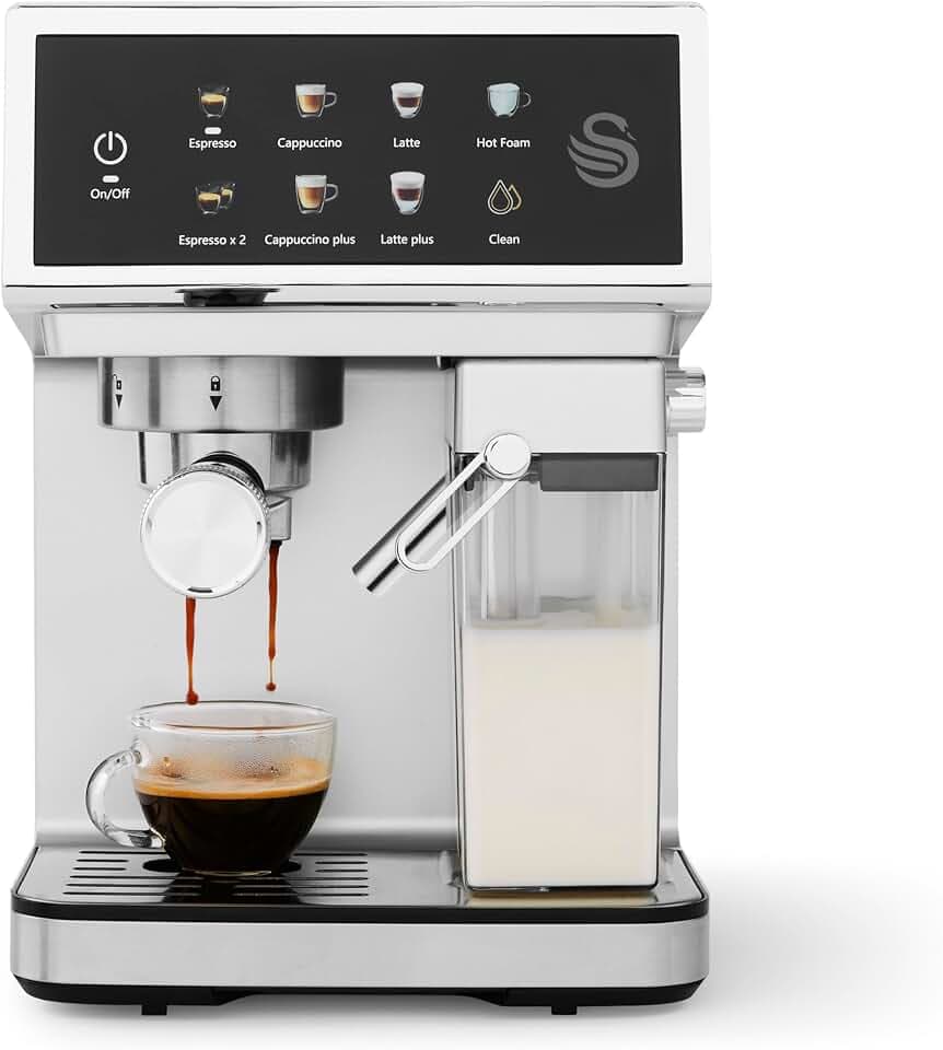 Swan SK22154 Digitale Espressopumpe, digitale Touch-Steuerung mit 8 Voreinstellungen, 20 bar Druck, integrierter automatischer Milchaufschäumer mit 500 ml Behälter, Schwarz