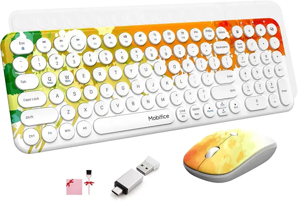 2.4G Wireless Keyboard and Mouse Combo Slim Cute Cordless Compact Sized Silent Retro Keyboard and Mouse for Desktop PC Computer,Laptop,Windows,Mac,Microsoft,Tablets (Upgraded Paint Orange)