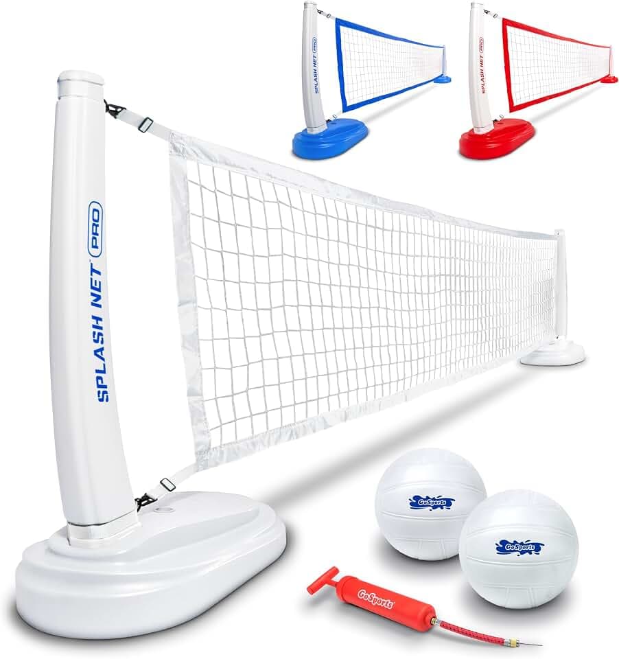 GoSports Splash Net PRO Pool Volleyball Net - Red, White, or Blue - Includes 2 Water Volleyballs and Pump