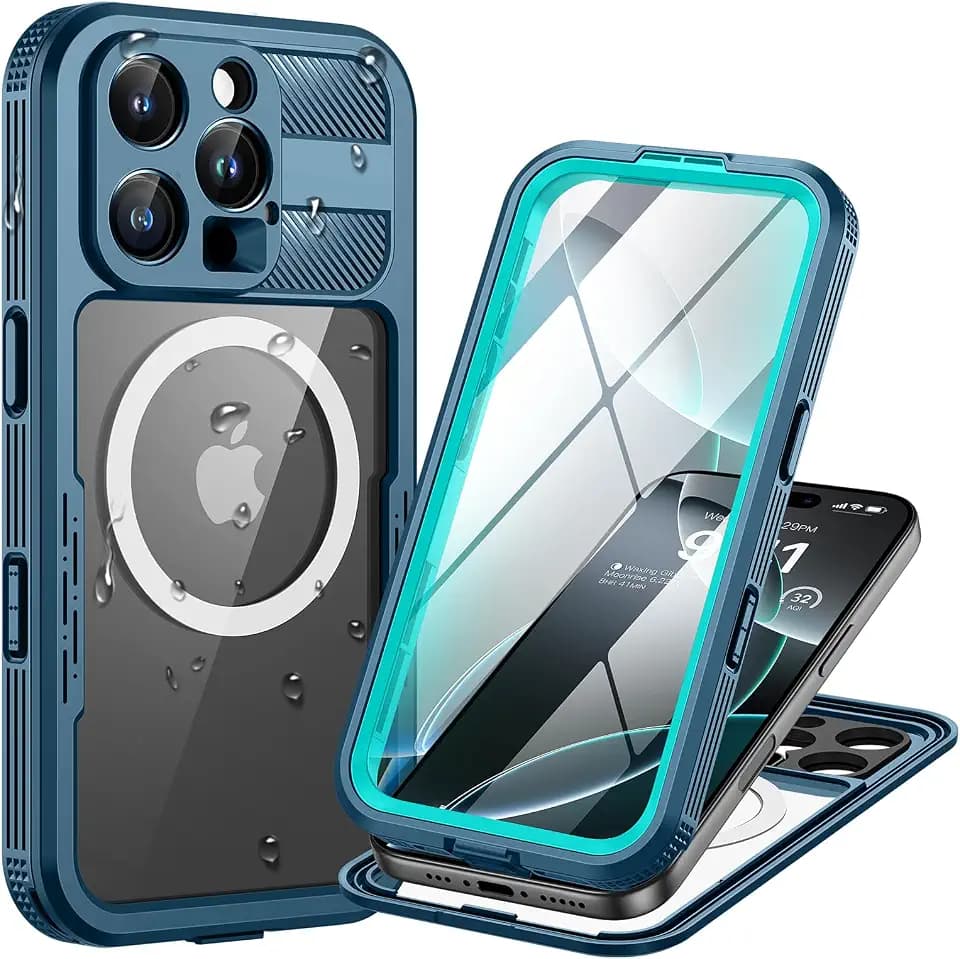 Lanhiem für iPhone 16 Pro Max Hülle Wasserdicht,Handyhülle für iPhone 16 Pro Max Wasserfest Schutzhülle mit Magsafe,360 Outdoor Stoßfest Staubdicht Panzerhülle mit Kameraschutz/Displayschutz,Blau