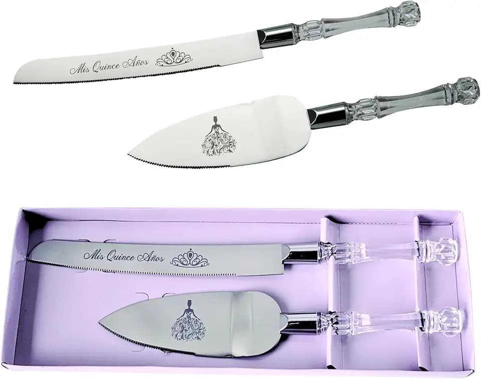 Lassos Boutique Mis Quince Años Quinceanera Cake Serving and Knife Set, Sweet 15 Birthday Cake Cutting Set. Feliz 15 Anos Decoration, Acrylic Handle, Stainless Steel, Silver (Silver)