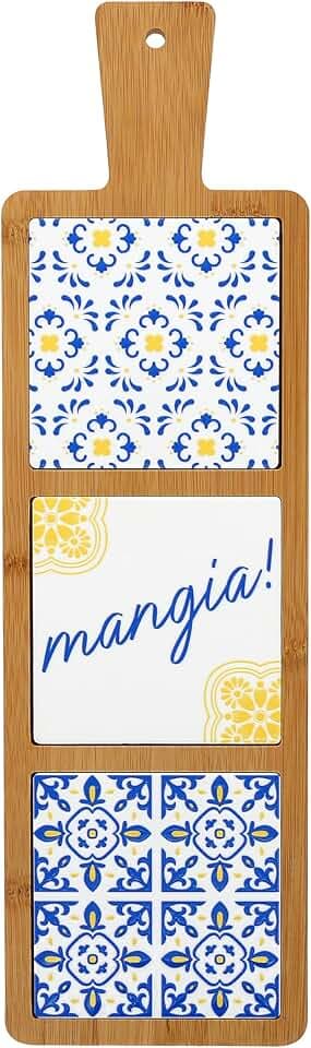 Pavilion Gift Company- Mangia! - 16.5" Bamboo Ceramic Heat Resistant Trivet Summer Italian Mediterranean Kitchen Decor