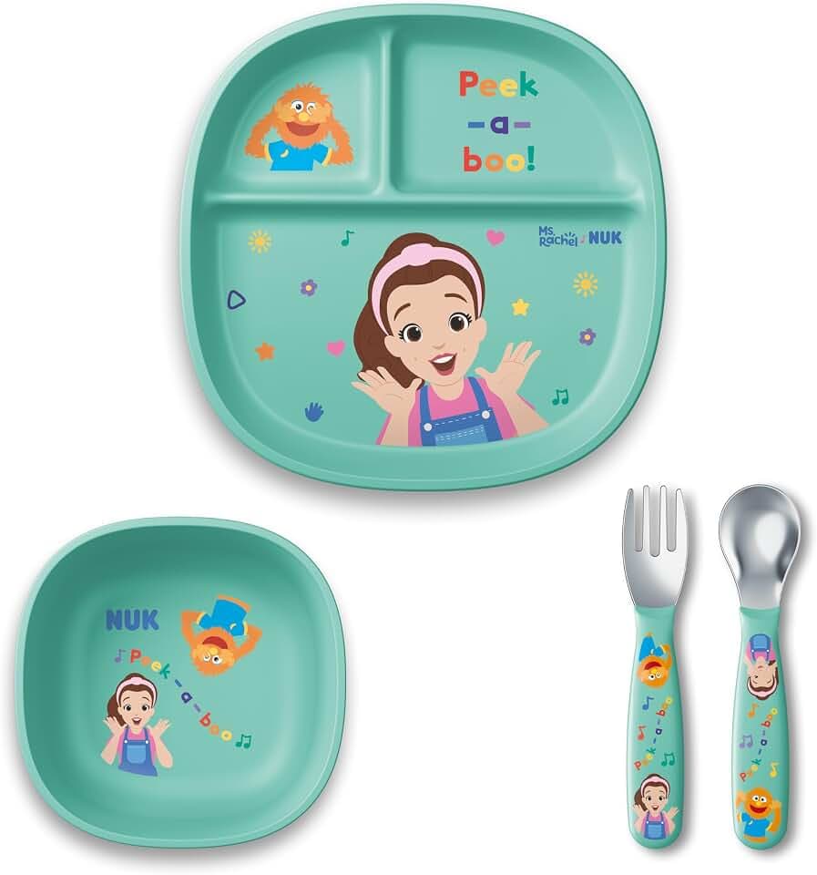 NUK Ms Rachel Tableware Set, Toddler Plate and Bowl, and Toddle Utensils - Fork and Spoon, Kids Dining Set, BPA-Free, Dishwasher-Safe