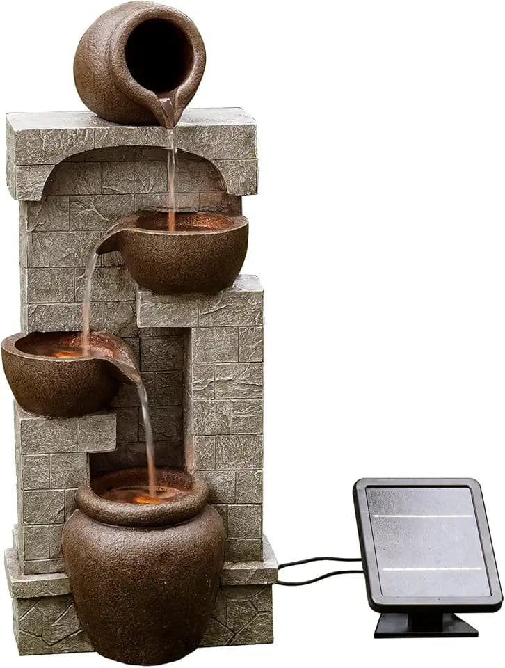 Teamson Home 28 in. Cascading Bowls and Stacked Stones LED Outdoor Water Fountain for Outdoor Living Spaces to Create a Calming Oasis in Gardens and Landscaping, on Patios, Balconies, Lawns, Brown