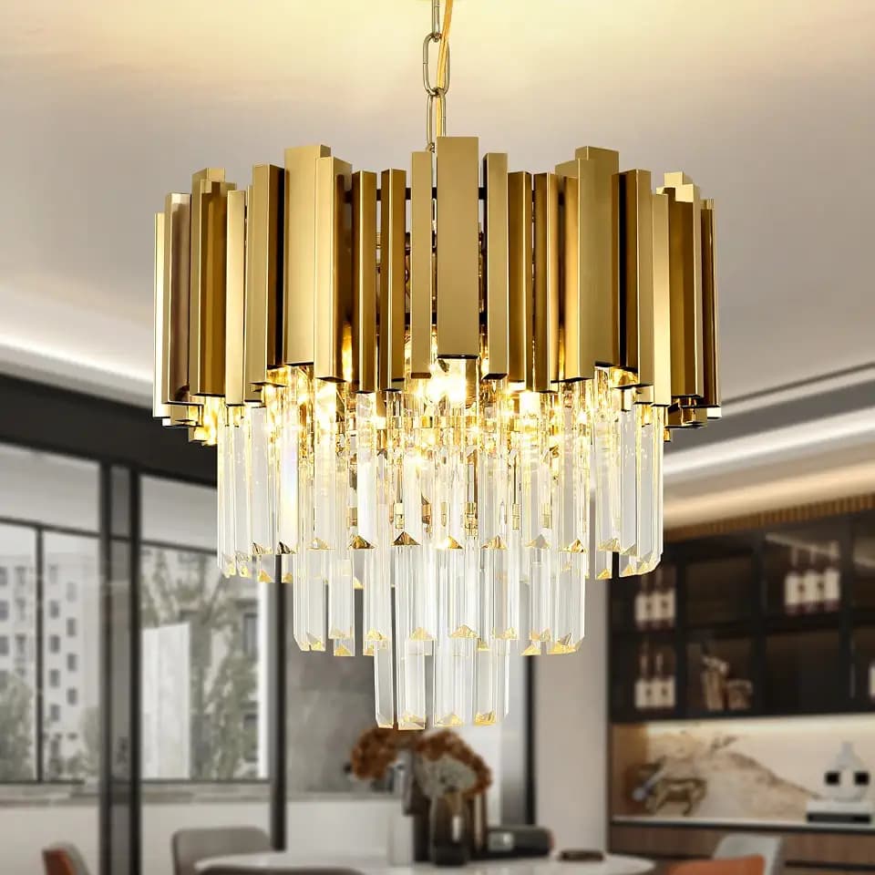 Modern Crystal Chandelier Gold Pendant Light Fixtures, Small Crystal Pendant Lighting for Entryway, Corridor, Balcony, Porch, Restaurant, Door Opening, E26 x 3, Φ16inch