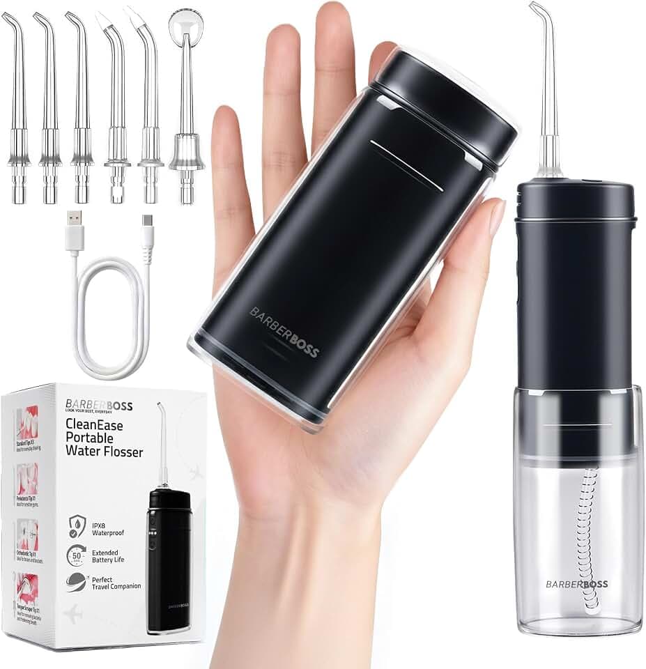 BarberBoss Tragbare Munddusche, kabelloses Mundduschegerät für Reisen, 3 Druckstufen, 6 Aufsätze, IPX8 Teleskop-Wassertank, USB-C wiederaufladbare Taschen-Munddusche, QR-7112 (Schwarz)