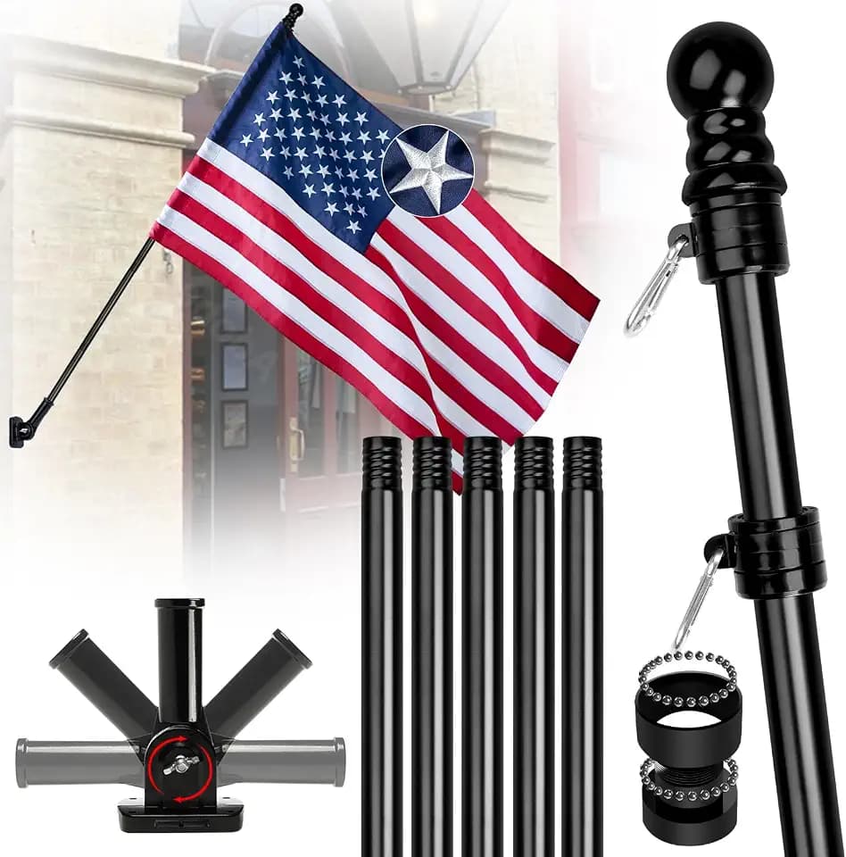 American Flag Sleeve Style Pole Included for Outside House, 6ft Stainless Steel No Tangle Spinning Flag Pole, 180° Multi- Position Mounting Bracket, 3x5 ft Nylon US Flag, Wind Resistant Rust Free Kit (Black)