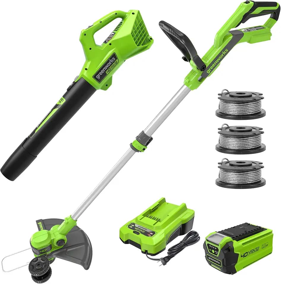 Greenworks 40V 13 in String Trimmer & 350 CFM Blower Combo, 2.0 Ah Battery