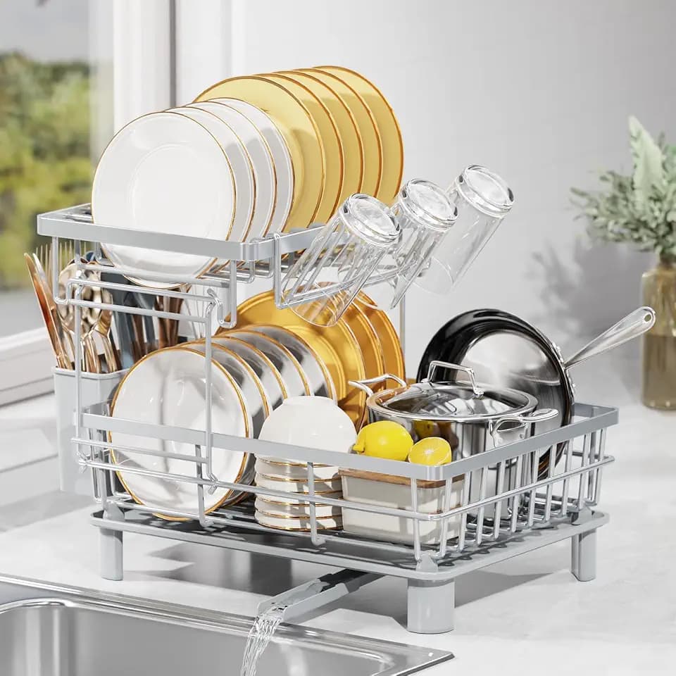 2 Tier Dish Drainer Rack with Drip Tray, Detachable Dish Drying Rack with Swivel Drainage Spout, Utensil & Cup Holder, Dish Rack for Kitchen Counter