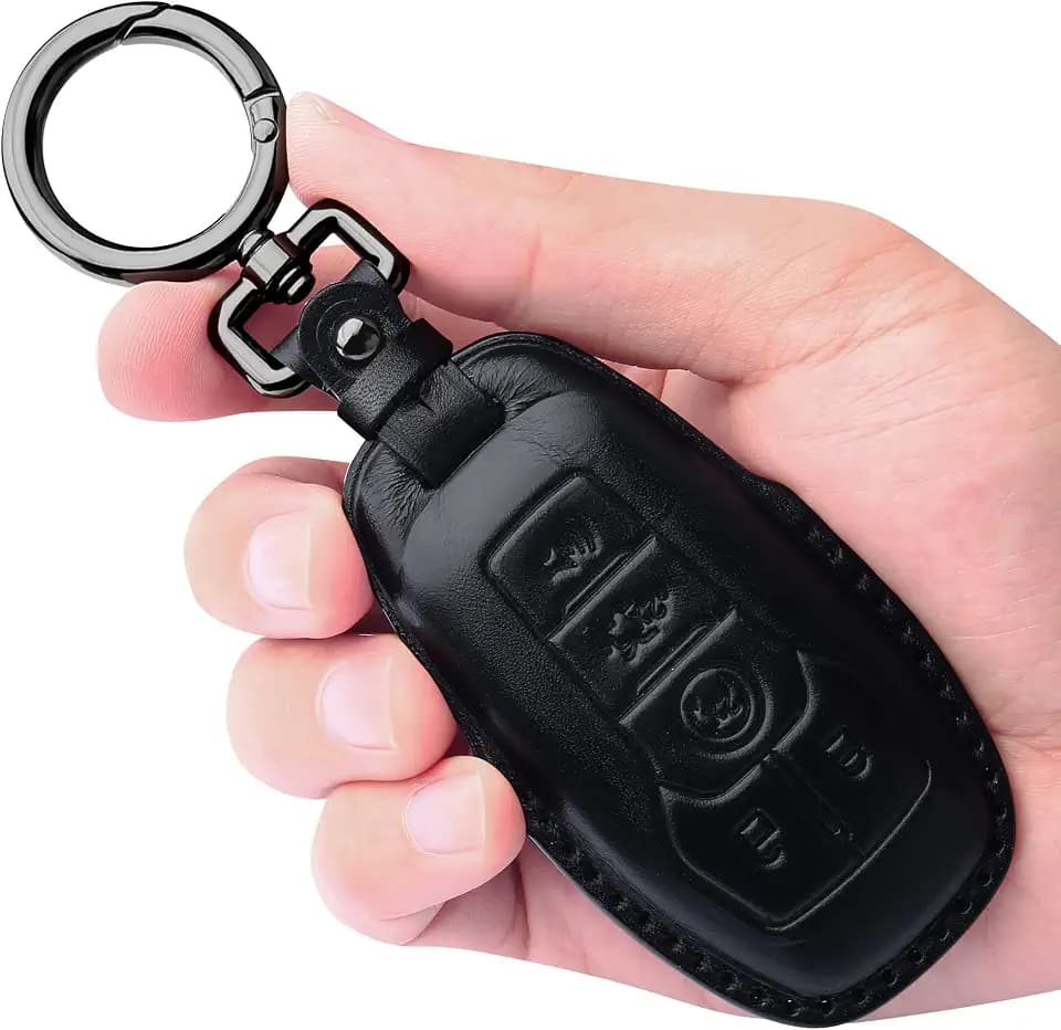 Tukellen Ford Leather Key Fob Cover with Keychain - Compatible with Fusion, Mustang, F-150, Explorer - Black