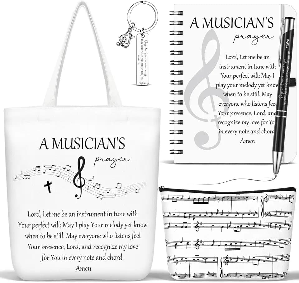 Kosiz 5 Pcs Musician Gifts for Women, Cosmetic Bag, Canvas Bag, Coil Notebook, Ballpoint Pen and Keychain Inspirational Gift for Office School Graduation Teacher Coworker Christmas