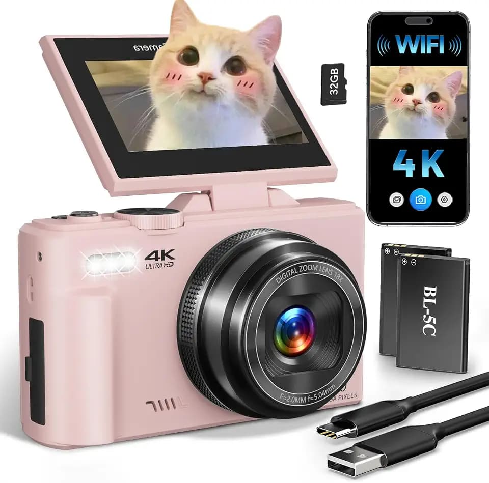 4K Digital Camera for Beginners & Teens, Compact Vlogging Camera with 180° Flip Screen, Autofocus, Easy-to-Use for Travel & YouTube, 18X Zoom, WiFi, 2 Batteries, 32GB Card