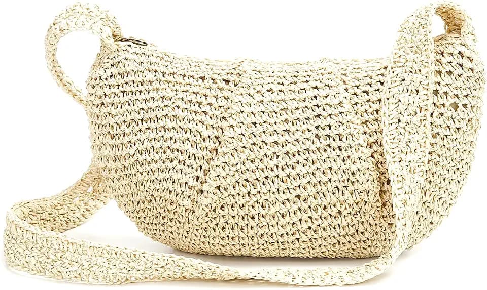 Herald Small Pleated Crescent Straw Woven Crossbody Bag for Women