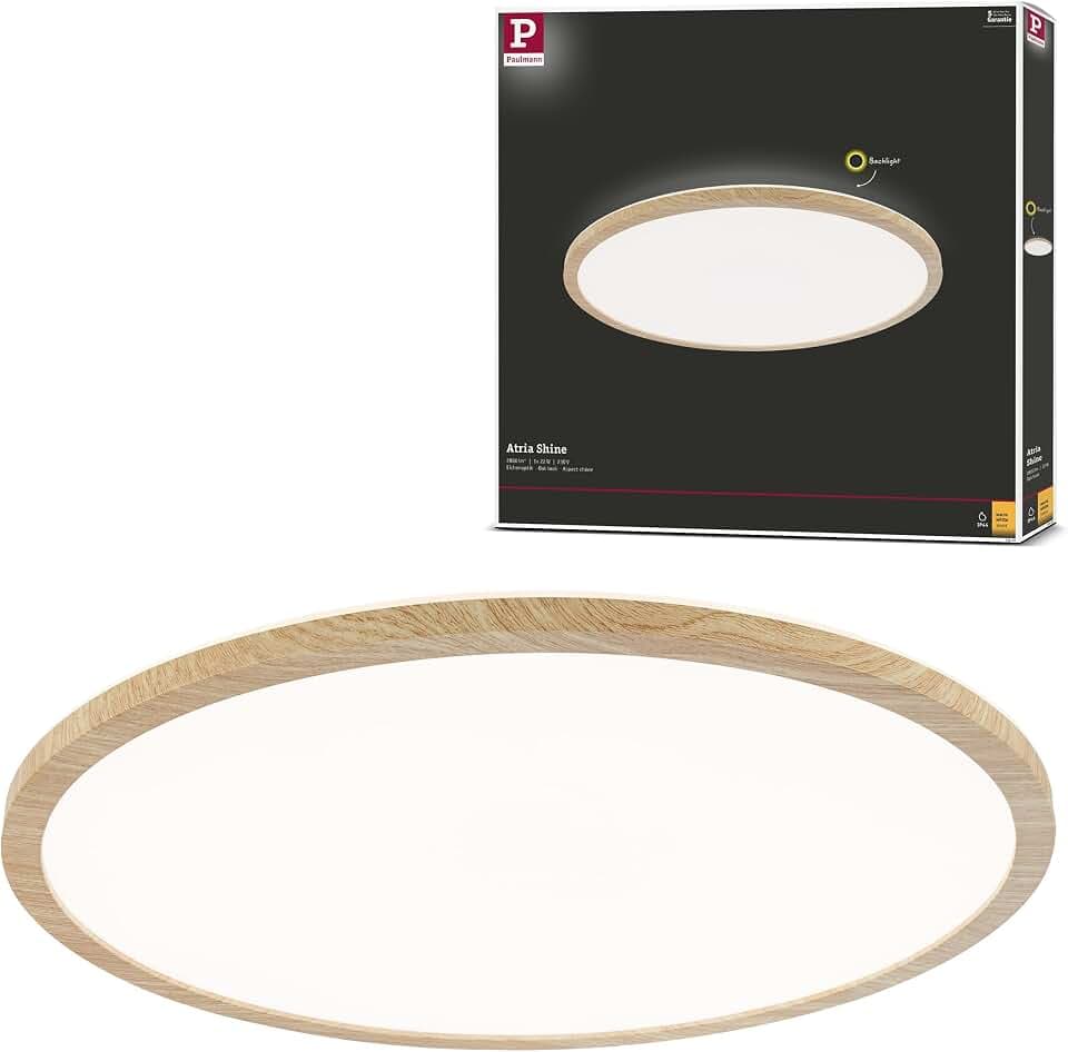 Paulmann 71029 LED Panel Atria Shine Deckenleuchte mit Backlight rund IP44 22W 2300lm 420mm Holzoptik Kunststoff 3000K - Warmweiß Badleuchte