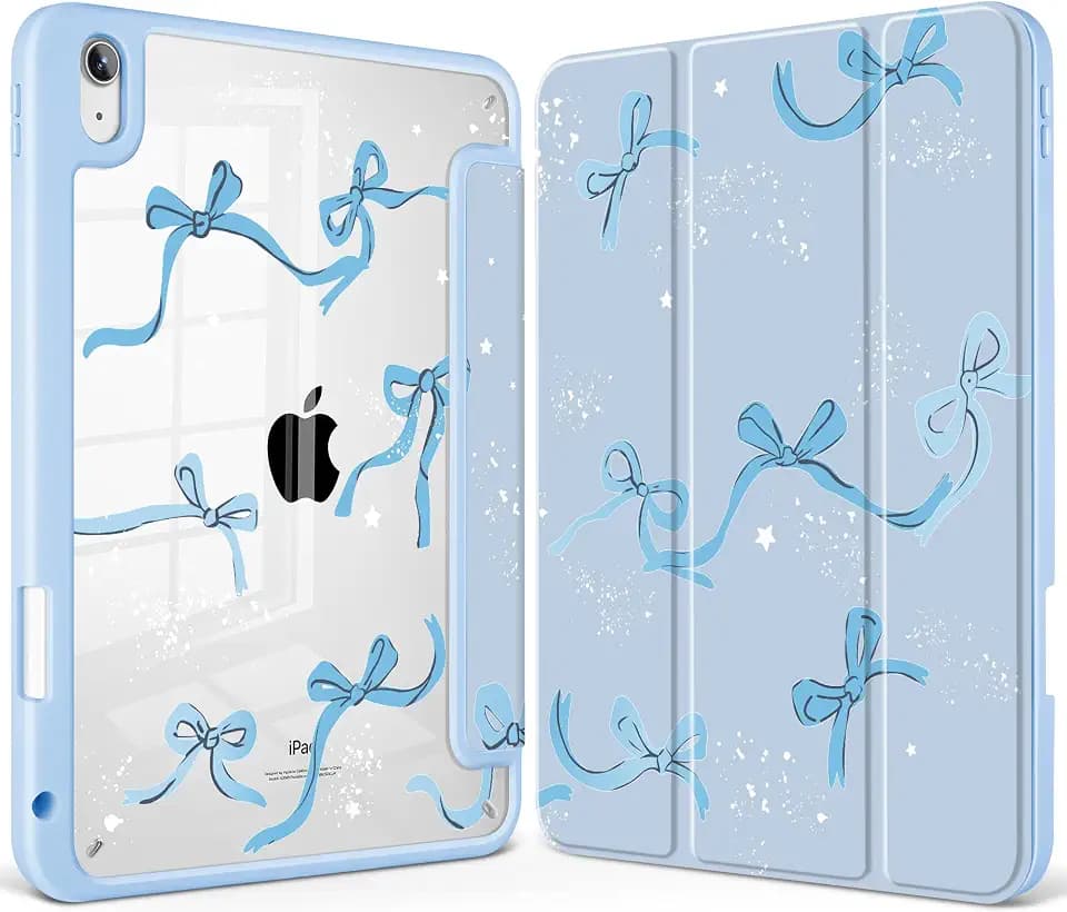 Tuiklol Case for iPad 11 inch (A16 Chip) 2025 11th Generation/iPad 10.9 inch 2022 10th Gen, Buit in Pencil Holder with Shockproof Cover Clear Transparent Back Shell Auto Wake/Sleep, Bow-Blue