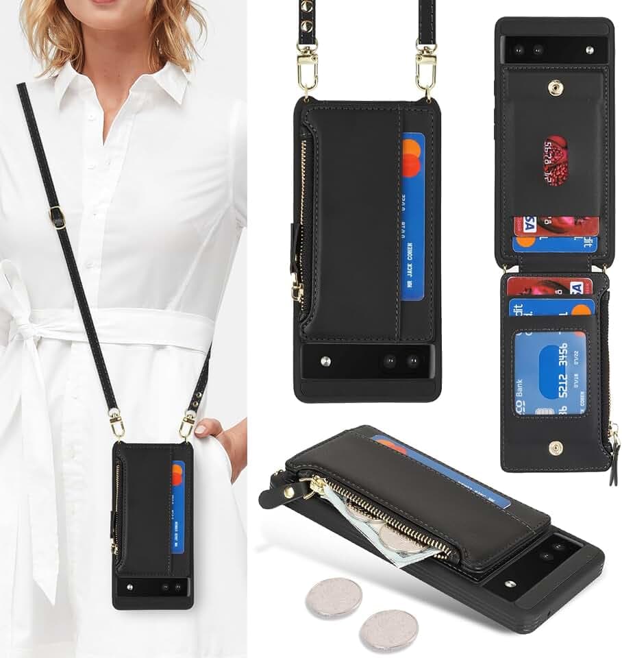 SailorTech Hülle für Google Pixel 6a mit Kartenfach, Verstellbarer Halskette und Reißverschluss Geldbörse - Schwarz