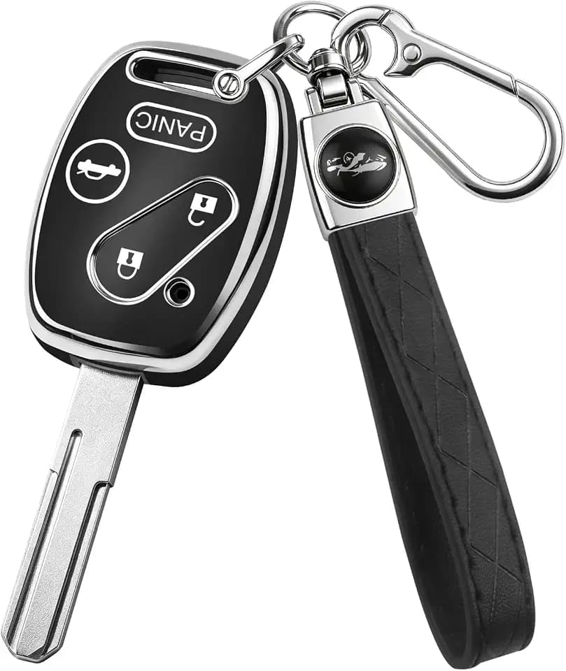 for Honda Key Fob Cover with Keychain, TPU Car Key Case Protector, for 2003-2012 Accord 2006-2013 Civic 2005-2015 Pilot CR-V Odyssey Ridgeline Fit CR-Z Insight Element (Silver - Black, 4 Button)