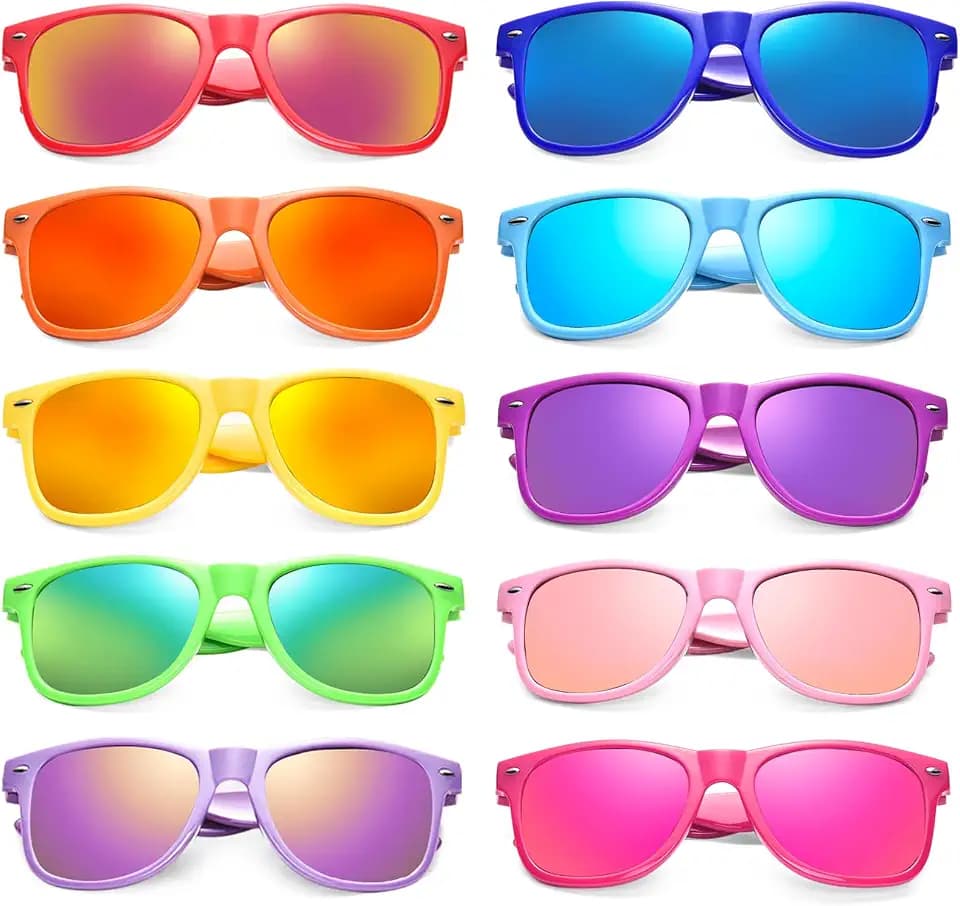 SUNOVELTIES 10/20 Pack Colored Sunglasses Mirrored Lens Bulk Party Glasses Classic Eyewear Birthday Beach Pool Unisex Adults