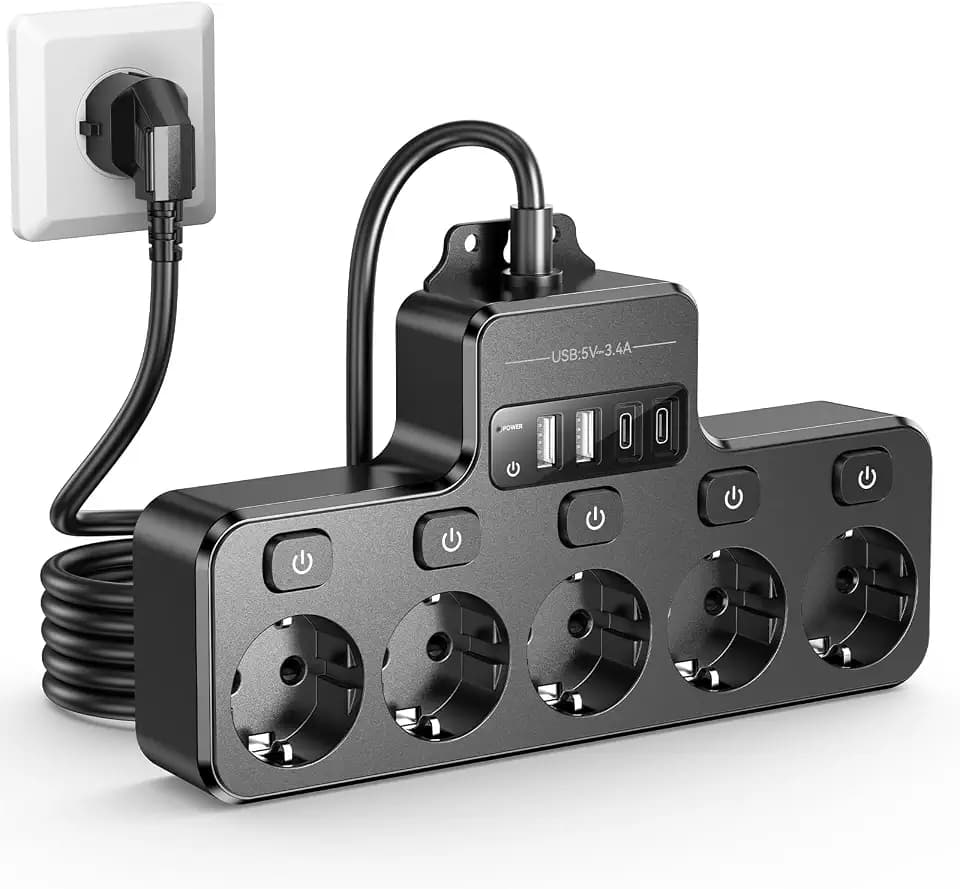 Wandmontage-Steckdosenleiste einzeln schaltbar, T-förmiges Design mit 5 Steckdosen & 4 USB-Ports (2 USB-C + 2 USB-A), 4000W/16A, 2m Kabel für Büro, Homeoffice, Werkstatt & Küche