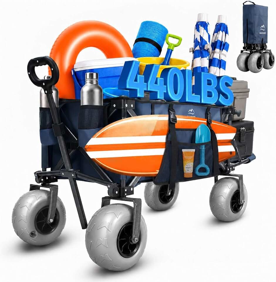 Beach Wagon with Extended Tailgate, 9" Big Sand-Proof Balloon Wheels, Heavy Duty 200L Oversized Foldable Beach Cart, 440LBS Utility Wagon with Side Pocket for Sand,Camping,Vacation