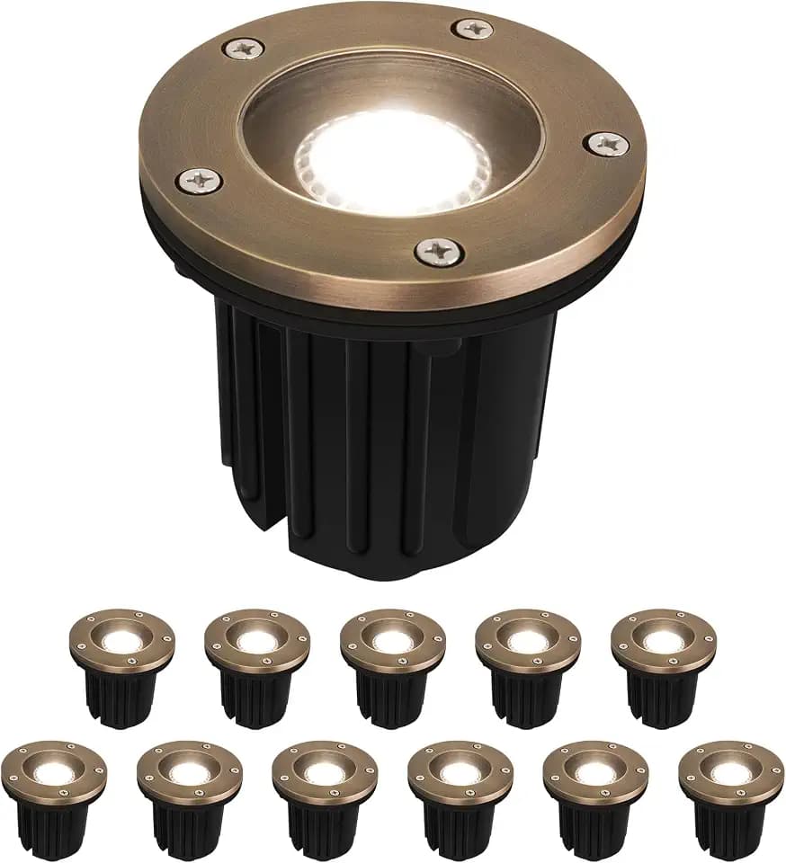 GKOLED 12V LED Brass Well Lights, In Ground Light Outdoor with MR16 Bulb and Swival Base, Low Voltage Landscape Lighting, 5W 410LM 2700K, IP67 Waterproof Up Light for Garden, Open Top, 12 Pack